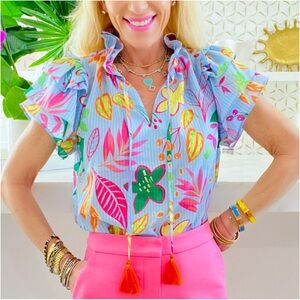 THML Blue Ruffled Tie Front Blouse